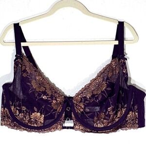 Cacique Purple Lace Floral Underwire Bra Front Clasp Adjustable Straps Size 46DD